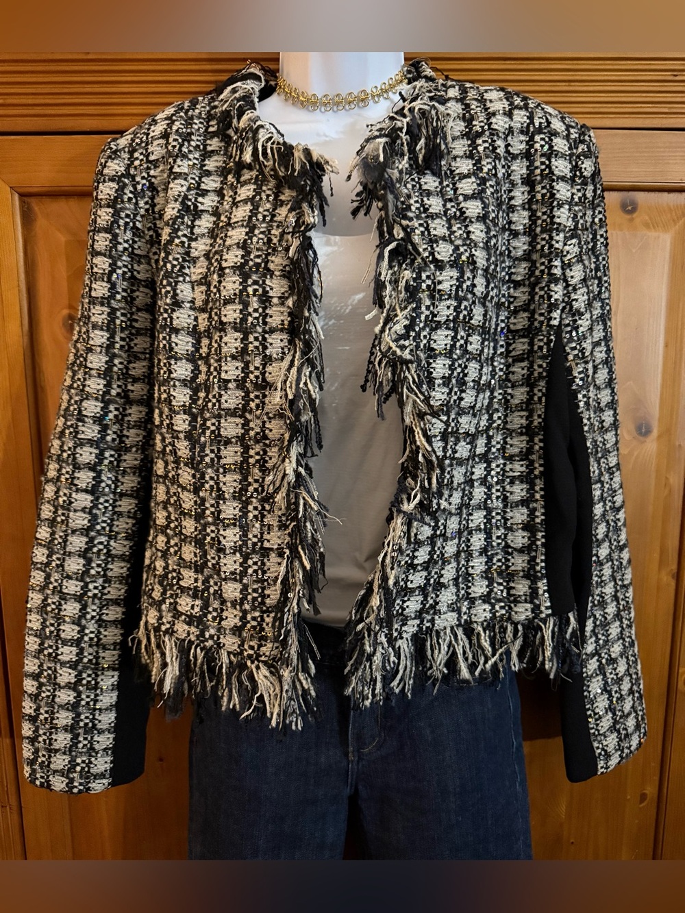 Womens Black & White Tweed Fringe Jacket NWT MED
